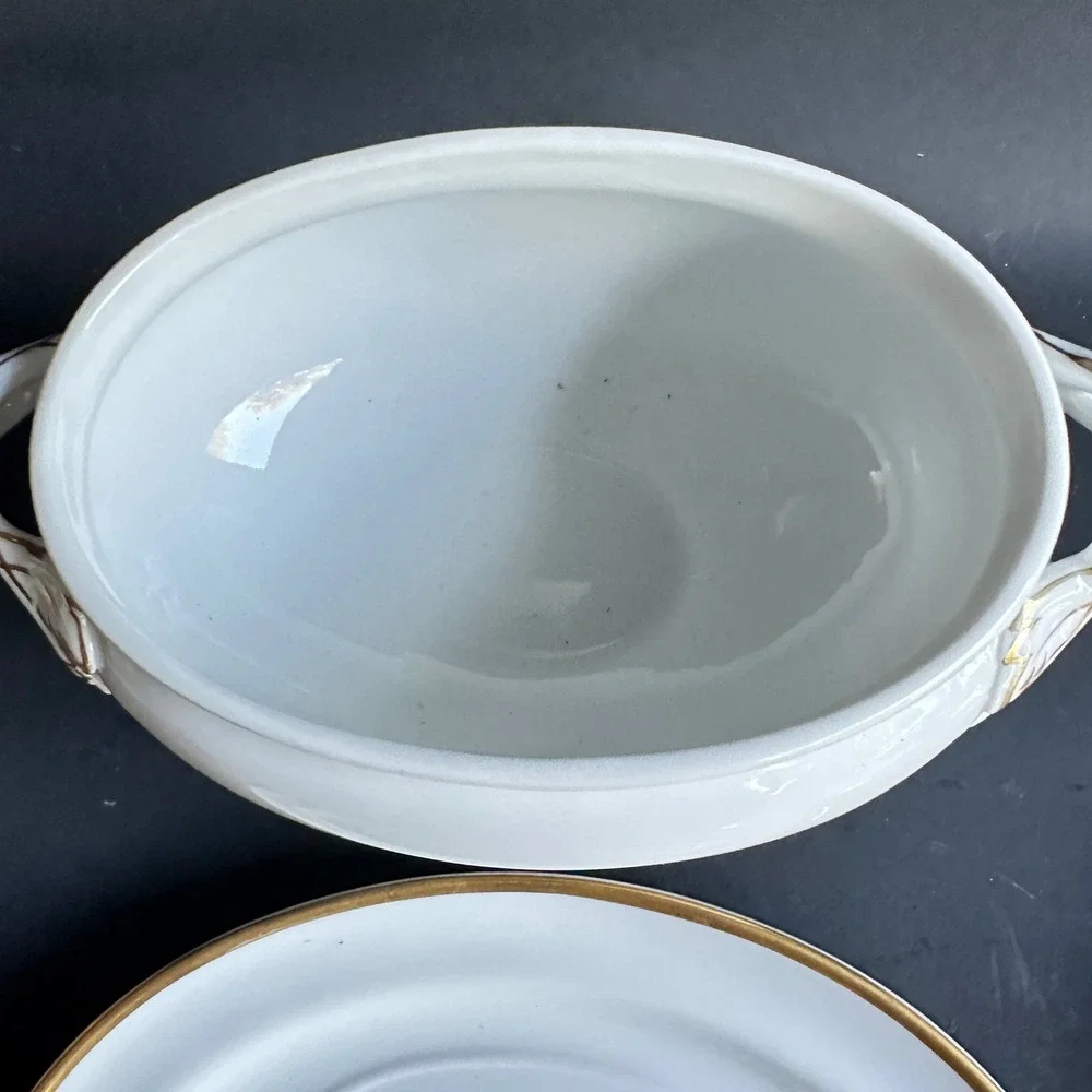 Vintage Porcelain Sauce Tureen Lid Underplate White Gold Trim 3pc Cottagecore